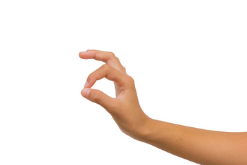hand of twelve year old asian young girl showing ok sign isolated on white background. Clipping path.