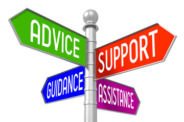 Support concept - "advice", "support", "guidance", "assistance" colorful signpost