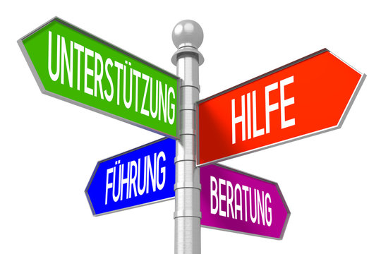 Colorful signpost with four arrows - Hilfe, Unterstutzung, Beratung, Fuhrung - German/ help, support, advice, guidance - English - great for topics like customer support etc. 