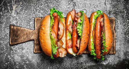 Street food. Hot dogs beef barbecue with hot sauces.