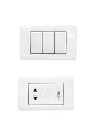 three button light switch and power socket with voltage switch isolated on white background