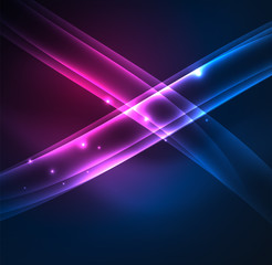 Energy lines, glowing waves in the dark, vector abstract background