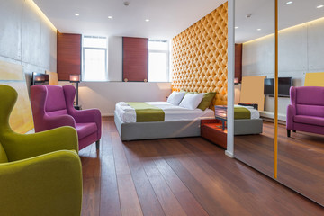 Interior of a modern luxury hotel bedroom