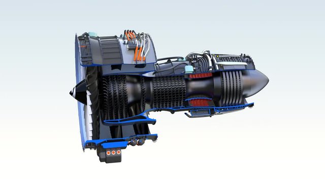 Cross section of turbofan jet engine with alpha channel. 3D rendering animation