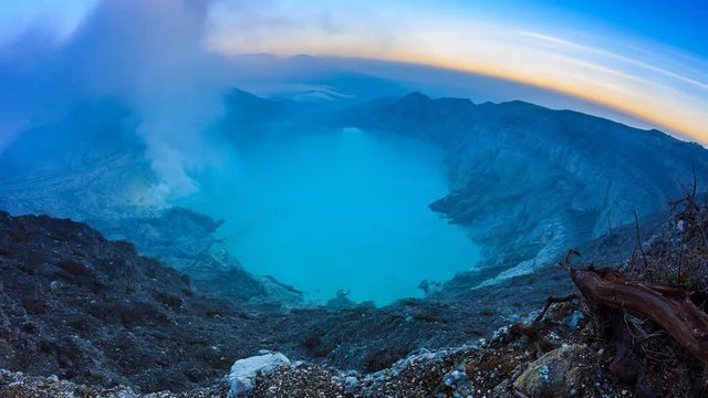Kawah Ijen Volcano Crater Landmark Nature Travel Place Of Indonesia 4K Dawn To Day Time Lapse (zoom out)