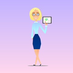 Business lady shows the presentation graphics tablet, vector illustration