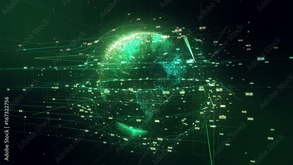 Wall mural animation of planet earth in space with connections by lines and numbers