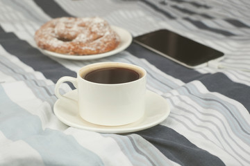 blogger Morning. Breakfast in the bed. Toned photo