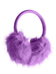Violet fluffy furry earmuffs isolated on white