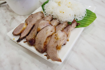 Vietnamese food,  roast meat  with rice Vermicillfish sauce, this also rich calories, cholesterol, fatty food, popular Vietnam eating