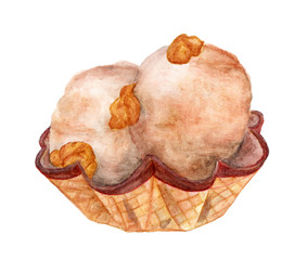 Ice cream in waffle cup with caramel popcorn isolated on white background , Hand drawn watercolor illustration, food drawing in vintage style