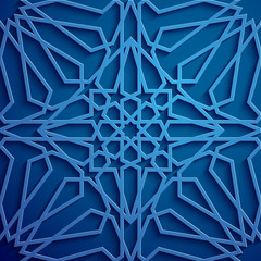 Islamic ornament vector , persian motiff . 3d ramadan islamic round pattern elements . Geometric circular ornamental arabic symbol vector . Blue background