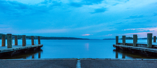 Pewaukee Lake Boat Launch in Blue Morning Sunrise