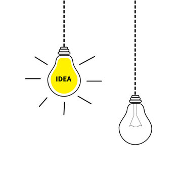 Hanging light bulb icon set. Switch on off lamp. Idea text inside. Shining effect. Dash line. Yellow color. Business success concept. Infographic. Flat design. White background. Isolated.