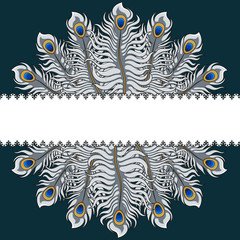 Postcard with silver peacock feathers and ribbon. Vector illustration with place for inscription.