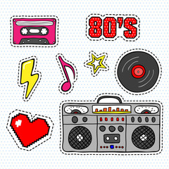 Pop art stickers with tape recorder, cassette, vinyl record and other elements.