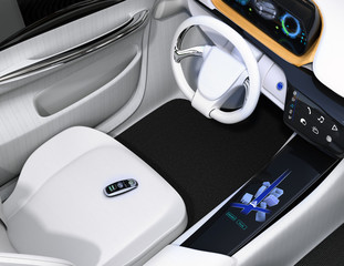 Smart car key on electric car's passenger seat. 3D rendering image.