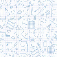Seamless background on the topic of pet care, pet shop, simple contour icons, blue  contour  icons on the clean writing-book sheet in a cage
