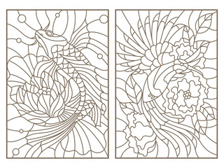 Set contour illustrations of the stained glass Windows of animals, bird and blossoming tree, a fish and Lotus