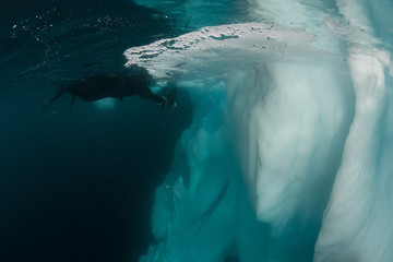 Underwater view of icebergs in Scores Bysund Fjord, east Greenland.