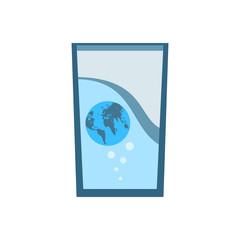Glass with water, globe and bubbles. Save of water concept. Flat design. Vector illustration on white background.