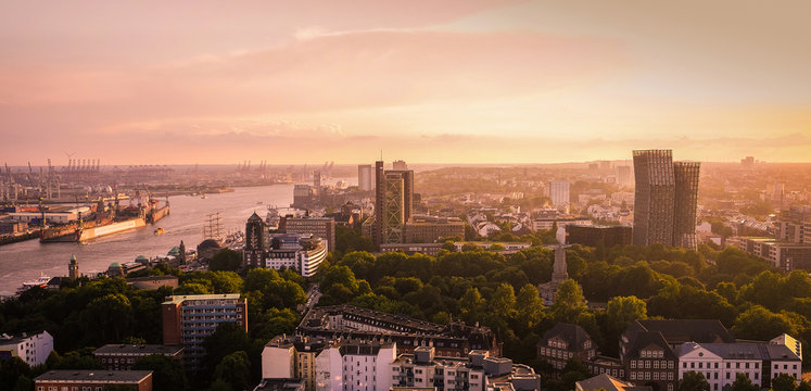 Panorama of hamburg city at sunset
