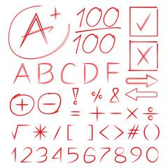 hand drawn elements, grade result, number and math sign