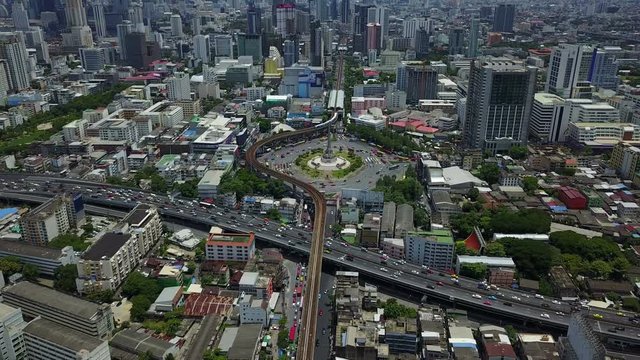 4K Aerial view of victory momument circus Bangkok