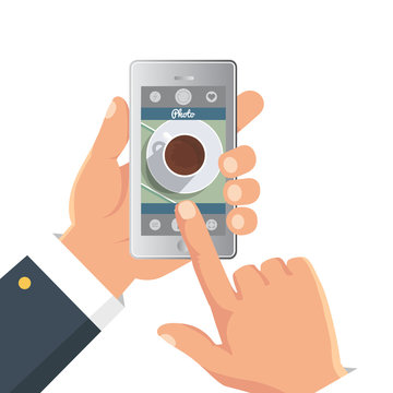 Hand taking picture photo of food in restaurant or cafe with smartphone. Selfie shot. Flat vector illustration
