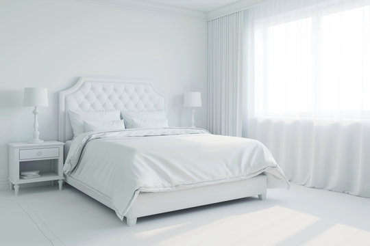 3d illustration of white bedroom without materials