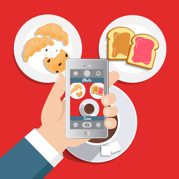  Flat vector illustration. Hand taking picture photo of food in restaurant or cafe with smartphone. Selfie shot.