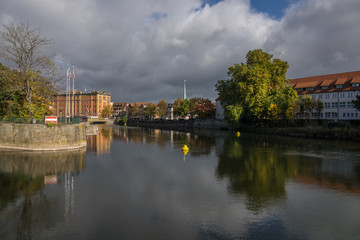 The old city Hamelin on a river, Germany