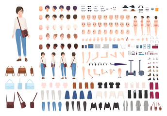City woman character constructor. Nice girl creation set. Different postures, hairstyle, face, legs, hands, clothes collection. vector cartoon illustration. front, side, back view.