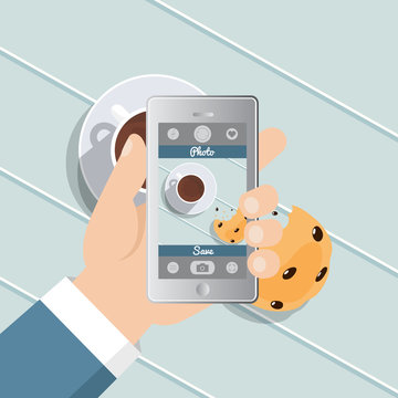 Flat vector illustration. Hand taking picture photo of food in restaurant or cafe with smartphone. Selfie shot.