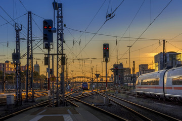 Train on the trackage at central station in Munich