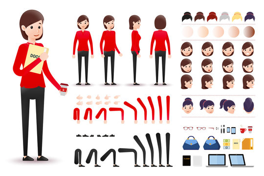 Female Clerk Character Creation Kit Template with Different Facial Expressions, Hair Colors, Body Parts and Accessories. Vector Illustration.
