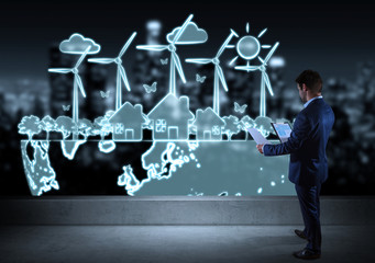 Businessman watching renewable energy sketch on a rooftop 3D rendering
