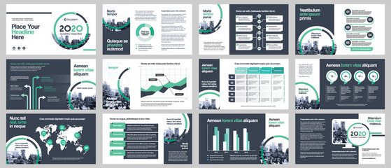 City Background Business Company Presentation with Infographics. Corporate Design Media Layout, Book Cover, Flyer, Brochure, Annual Report for Advertising and Marketing
