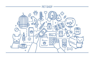 Pet shop contour banner with animals and meds selling. Horizontal contour line art vector illustration.