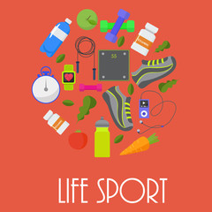 Circular concept of sports, fitness, healthy lifestyle equipment, elements. Vector illustration design