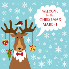 Fototapeta premium Cute retro banner with funny cartoon character of deer with speech bubble and quote Welcome to the Christmas market