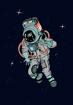 Astronaut in spacesuit. Cosmonaut in space on the background of stars. Colorful vector illustration.