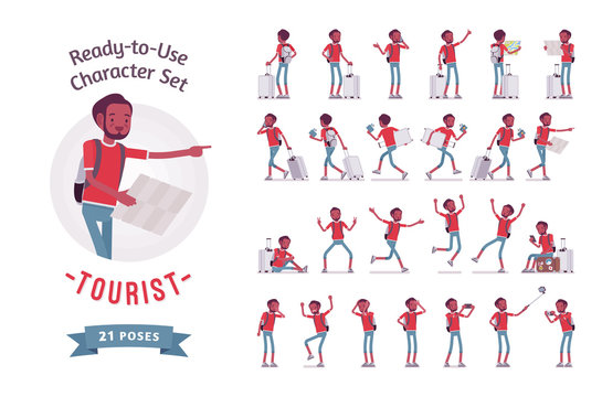 Black male tourist character set, various poses and emotions