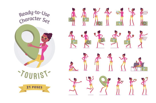 Black female tourist character set, various poses and emotions