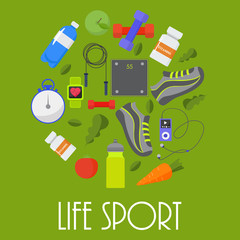 Circular concept of sports, fitness, healthy lifestyle equipment, elements. Vector illustration design