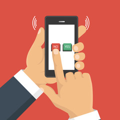Hand, finger pressing buttons no or yes on a mobile screen, app. Vector illustration.