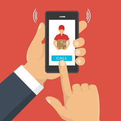 Hand holding a phone, calling in service delivery. Concept of free, fast delivery, shipping. Vector illustration.