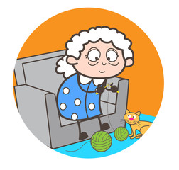 Cartoon Old Woman Makeing Woolen Dress Vector Illustration