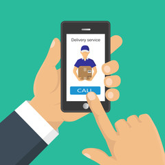 Hand holding a phone, calling in service delivery. Concept of free, fast delivery, shipping. Vector illustration.