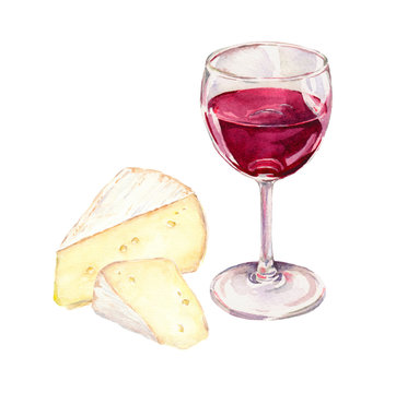 Cheese and red wine glass. Water color